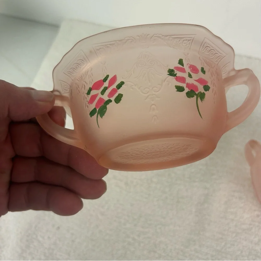 VTG Embossed Hand Painted Flower Pink Satin Glass Creamer Sugar Set of 2